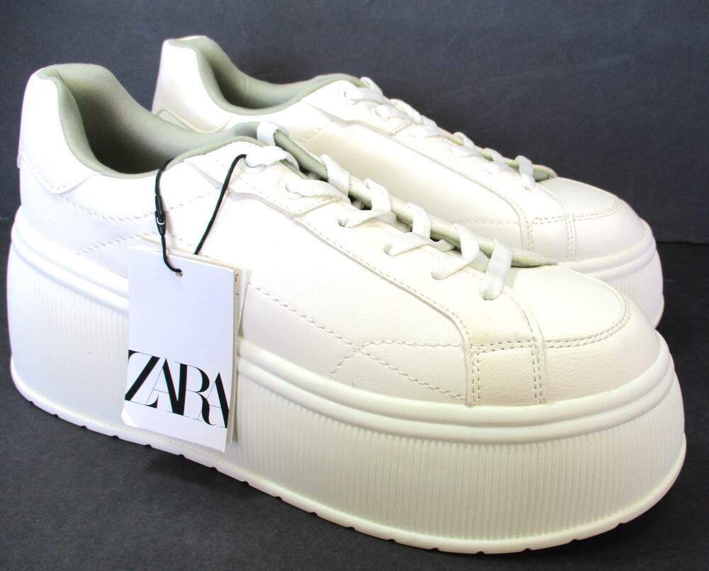 Nwt ZARA White Faux Leather Thick Sole Platform Sneakers Lace Up Shoes Sz 8 EU39
